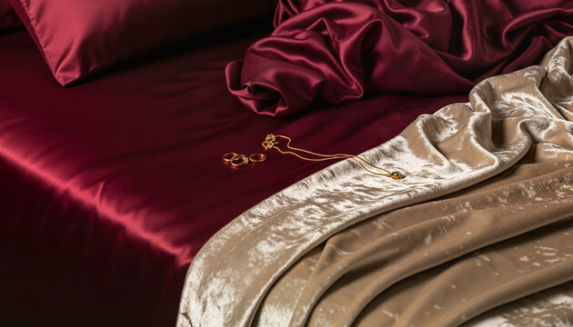Luxurious silk bedding with burgundy and beige tones arranged elegantly  