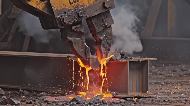 Molten steel flows dramatically from a towering machine, sending bright sparks into the air. The industrial scene pulsates with energy, where craftsmanship meets fiery beauty under smoky ambiance.