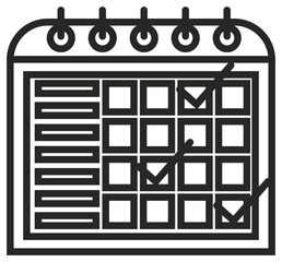 Black line art vector icon of a calendar planner with checkmarks on specific dates, representing task management, scheduling, appointment planning, and organized productivity on a white background. © Arsalan