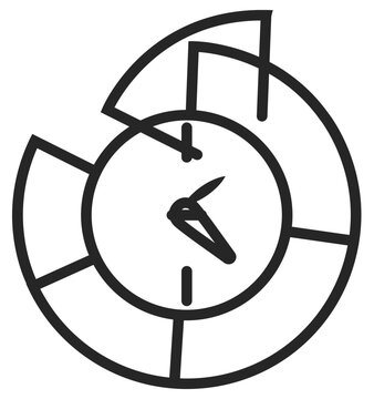 Minimalist black vector icon of a clock surrounded by geometric segments, symbolizing time management, scheduling, and productivity. Clean line art illustration for business and planning apps.