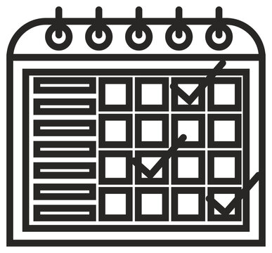 Black line art vector icon of a calendar planner with checkmarks on specific dates, representing task management, scheduling, appointment planning, and organized productivity on a white background.