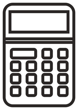 Minimalist black outline vector icon of a calculator with display and buttons. Scalable graphic illustration for business, finance, accounting, mathematics, and educational school supplies.