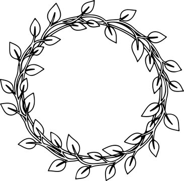 Continuous one line of a vine circle wreath made of leaves, decorative botanical vector symbol for eco branding and invitations, style hand drawing illustration.