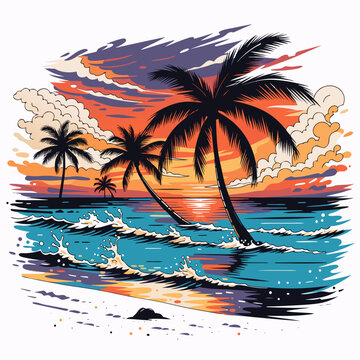 Vibrant tropical beach scene, palm trees, sunset ocean waves, colorful vector illustration