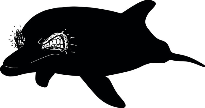 Angry Cartoon Dolphin with Facial Expression in Black Silhouette