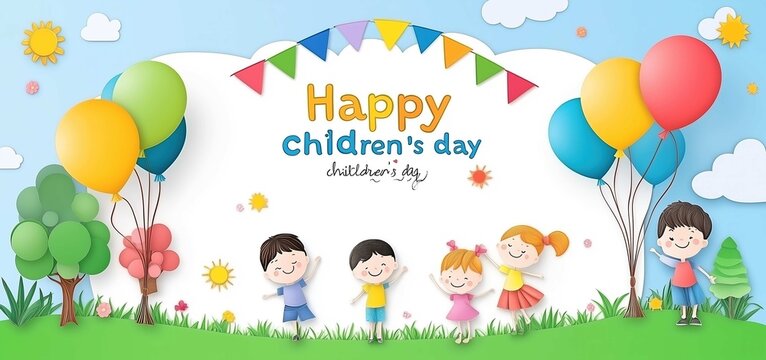 Happy Children&rsquo;s Day banner with paper cut kids and white board, &ldquo;happy children's day&rdquo; text, balloons background, cartoon style vector illustration for holiday posters, social media, invitations, dec