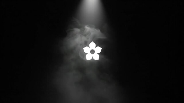 Mysterious white flower logo spotlighted on a background of swirling gray smoke and darkness.