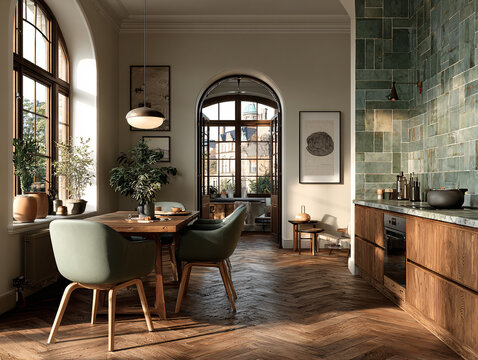A sun-drenched, rustic Mediterranean-style kitchen-dining space features arched doorways, herringbone wood floors, green zellige tile backsplash, and warm, textured finishes that blend indoor comfort 