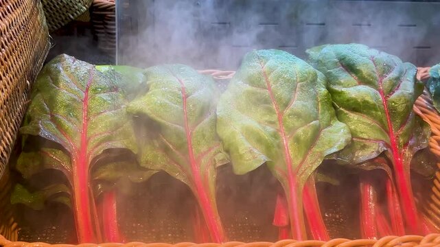 Fresh red Swiss chard with vibrant crimson stems displayed in a wicker basket with water mist in a market