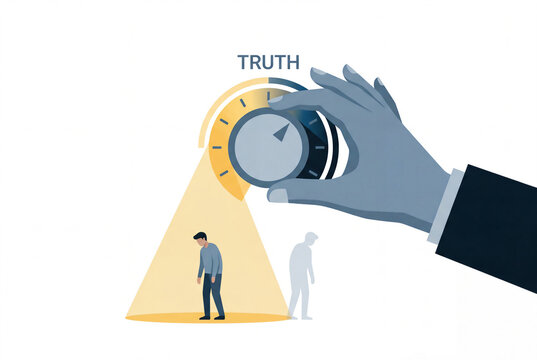 Conceptual illustration of a giant hand turning a dial labeled truth to manipulate the light on a small person representing gaslighting psychological control and narcissism.