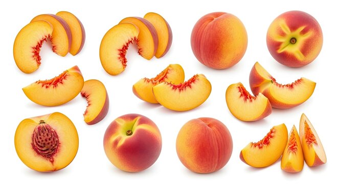 A collection of peach slices is displayed against a white background. The peaches are cut into various shapes, showcasing their flesh and pit.