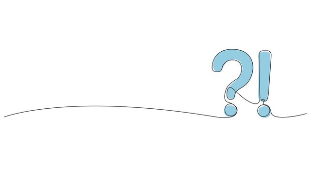 animated continuous line drawing of question mark followed by exclamation mark, line art animation