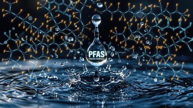 A dramatic image showcases perfluorinated chemicals (PFAS) dispersed within a droplet of water, which is splashing into a dark blue water surface.