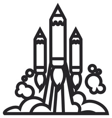 Black and white vector icon illustration of a pencil rocket ship launching into the sky with smoke clouds. Creative concept for education, art, startup business, and innovative ideas. © Zoya
