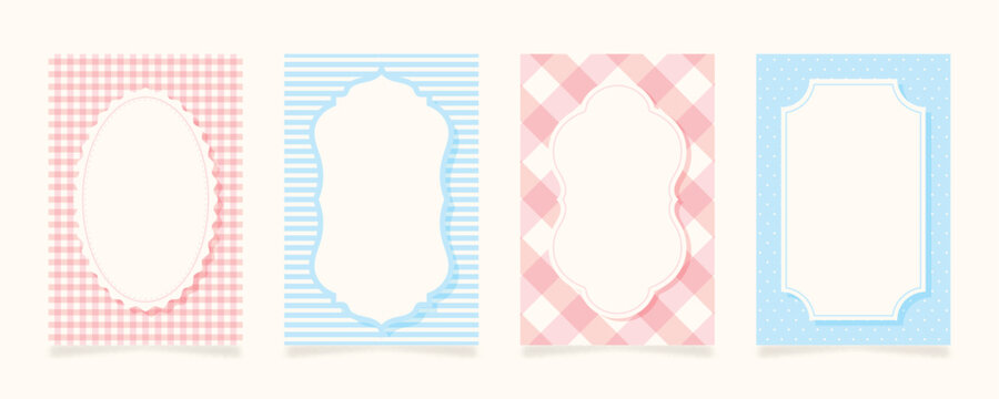 A collection of cute pink and blue invitation cards featuring classic patterns like plaid and stripes with white empty frames for baby showers, birthdays, or nursery announcements