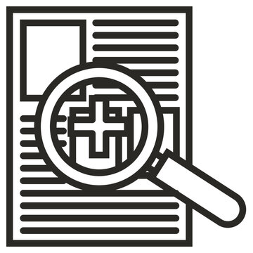 Minimalist black vector icon illustration of a document or medical report being examined with a magnifying glass, highlighting a plus sign symbol for healthcare, search, or data analysis.