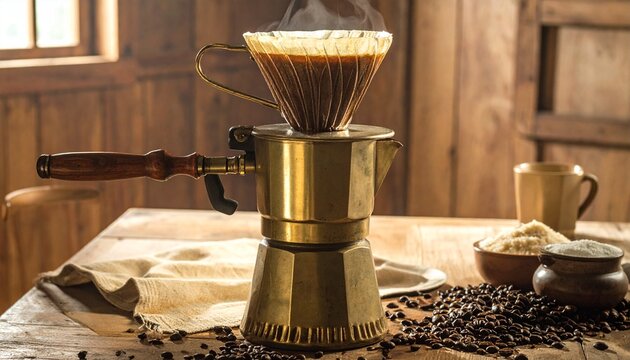 Rustic coffee-making setup with moka pot