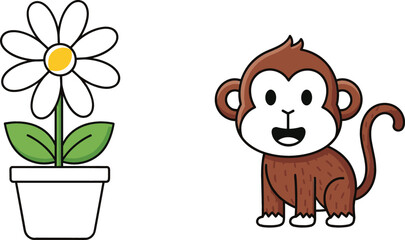 Cute monkey cartoon character and potted flower plant simple vector illustration for kids design and nature theme © Jahangir