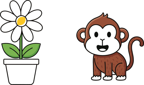 Cute monkey cartoon character and potted flower plant simple vector illustration for kids design and nature theme