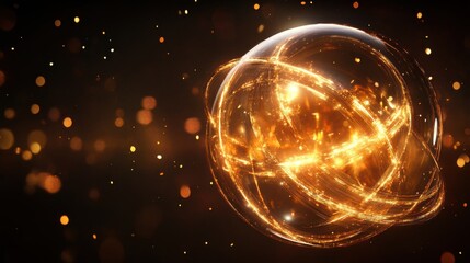 Naklejka premium Glowing golden orb with rotating rings powering futuristic data center, streaming particles and warm bokeh, evoking hightech intelligence and network core visuals for technology branding and UI