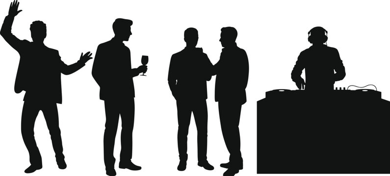 Silhouettes of Men Enjoying a Party with aDJ and Drinks celebration disc jockey