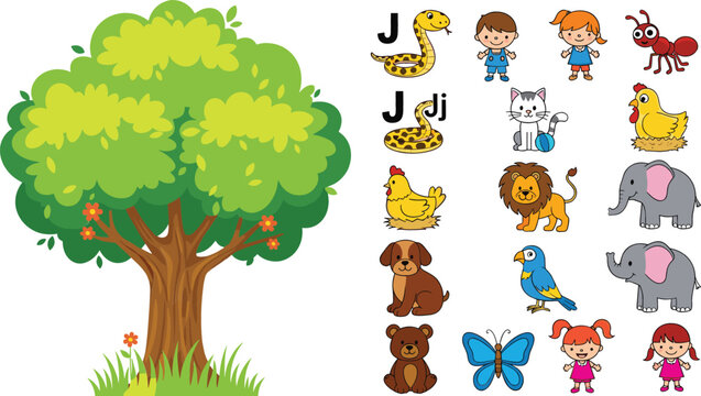 Green tree with alphabet animal icons including snake cat lion elephant dog butterfly and kids cartoon vector illustration collection