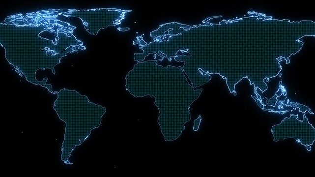 Glowing neon blue world map outline on black background with digital grid pattern, futuristic technology and global network concept.
