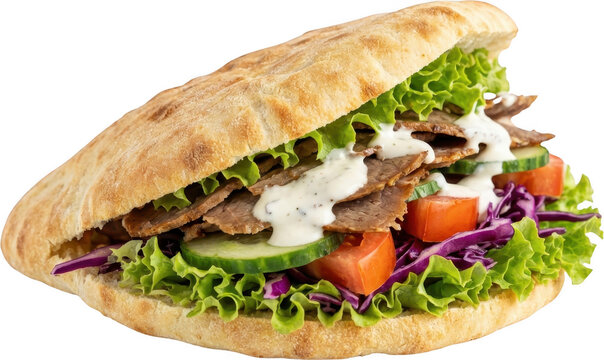 A delicious D ner kebab sandwich filled with thinly sliced meat fresh lettuce tomatoes cucumbers red cabbage and creamy sauce dner kebab doner kebab shawarma gyro fast food