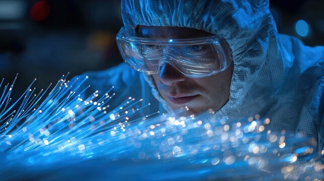 Scientist observing fiber optic light scattering, intimate lab scene with delicate strands, soft bokeh highlights, analytical focus on spectrum and photonics behavior careful documentation,