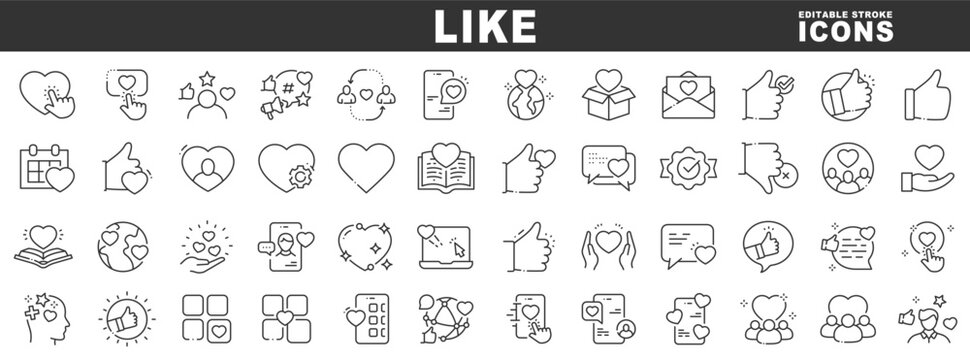 Clean outline like icons featuring hearts, likes