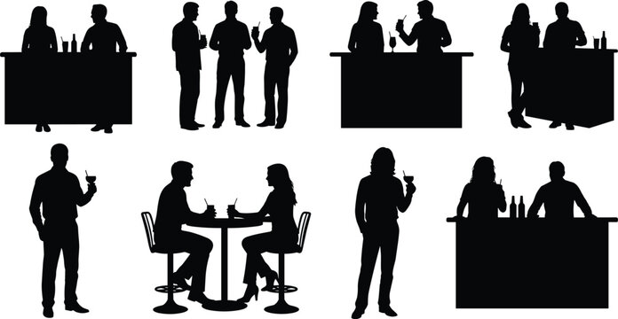 Silhouettes of people in various social drinking settings at bars and tables illustration vector