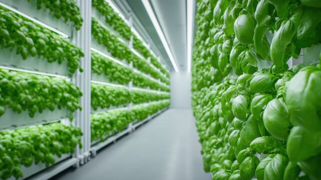 Dense basil canopy filling bright hydroponic shelf, vibrant glossy leaves and tight foliage, tactile texture and vivid green color highlight culinary quality and aromatic richness for chefs