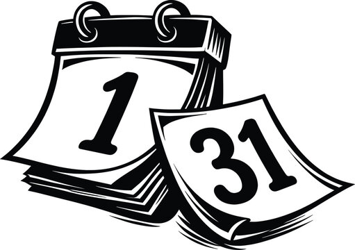 Tear-Off Desk Calendar Icon Black and White Vector Illustration, Daily Date Flip Page Symbol.
