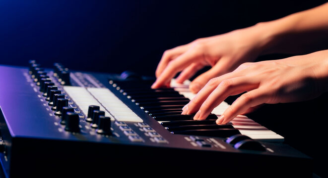 Hands playing midi keyboard controller close up in studio lighting. Music production, digital instruments, sound creation and creative audio workspace concept