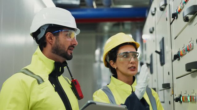 Engineers analyze a compressor's energy efficiency and piping infrastructure during a routine HVAC inspection at an industrial plant.

