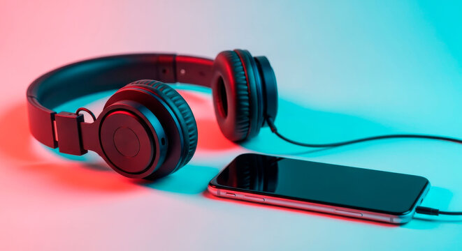 Headphones with smartphone music concept on colorful background. Mobile audio streaming, entertainment and modern digital lifestyle idea