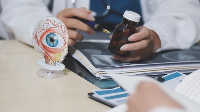 Close-up of Asian female doctor talking with elderly patient showing eyeball model and explaining eye disease in hospital
