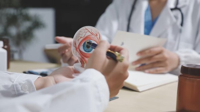 Close-up of Asian female doctor talking with elderly patient showing eyeball model and explaining eye disease in hospital