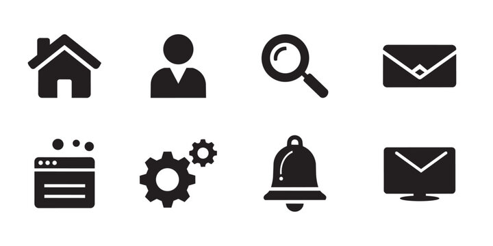 Web navigation dashboard and software admin interface icon set. Home profile email and notification bell black silhouette symbols.
