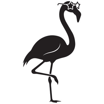 Black flamingo icon, party animal, star crown, silhouette illustration, vector graphics