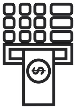 Black line vector icon illustration of an automated teller machine ATM dispensing a dollar bill from a cash slot with a keypad, representing banking, finance, currency, and cash withdrawals.