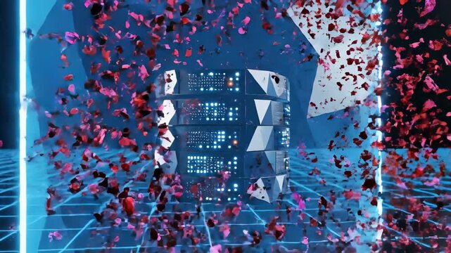 In a stunning display, a digital shield shatters into colorful fragments set against a futuristic grid background.