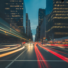 Fototapeta premium Blurred vehicle headlights and taillights form colorful streaks on an urban road at twilight.