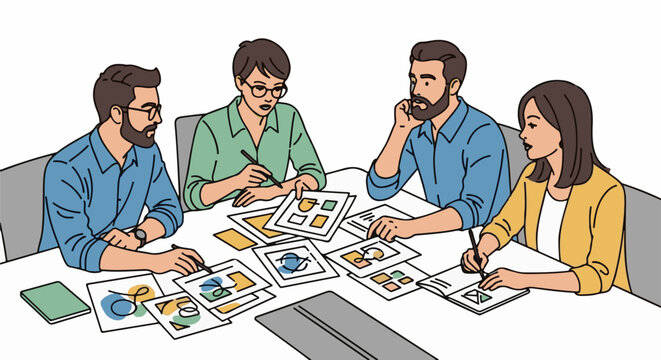 Four people at a table collaborating on papers and discussing ideas