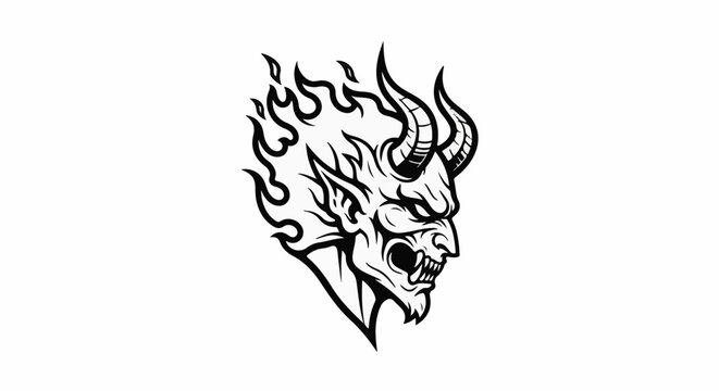 Fierce devil with horns and flames, black and white illustration