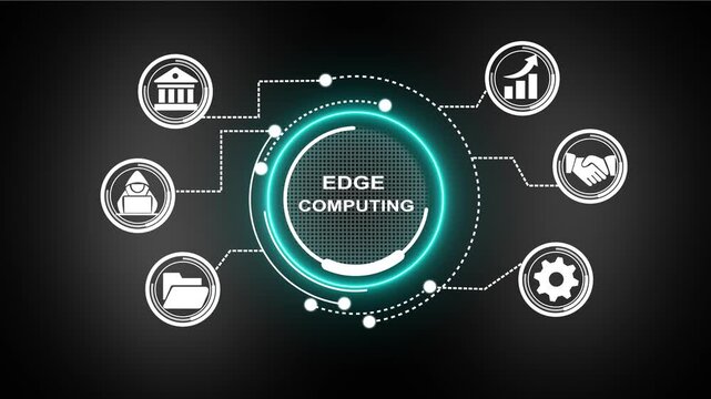 Edge computing modern IT technology on virtual screen. Edge computing is a distributed computing model that processes data near the source of generation (at the "edge" of the network).