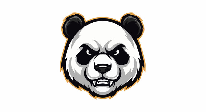 Fierce panda mascot head with sharp teeth, black eye patches, and golden outline