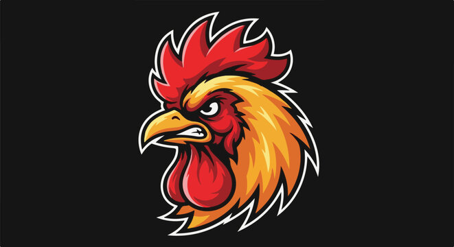 Fierce rooster head with red and yellow feathers, sharp eyes and beak