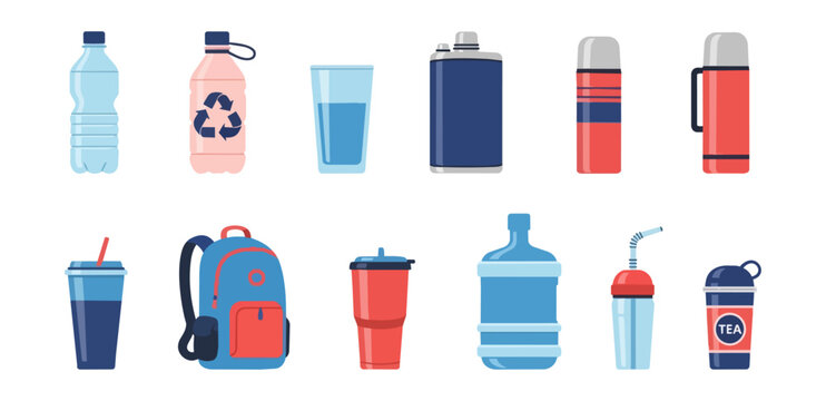 Assorted drinking vessels and containers collection on black background