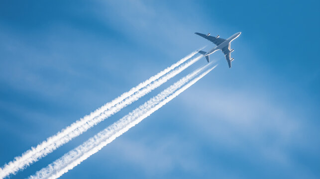 Airplane Ascending into Blue Sky with White Contrails: Dynamic Motion Captured in Professional Aviation Photography